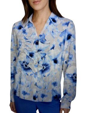CALVIN KLEIN WOMENS PRINTED RUFFLE-COLLAR SPRING BLUE MULTI  NWT